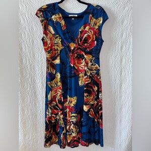 Kasper Surplice Floral Printed Cap Sleeve Fit & Flare Midi Dress